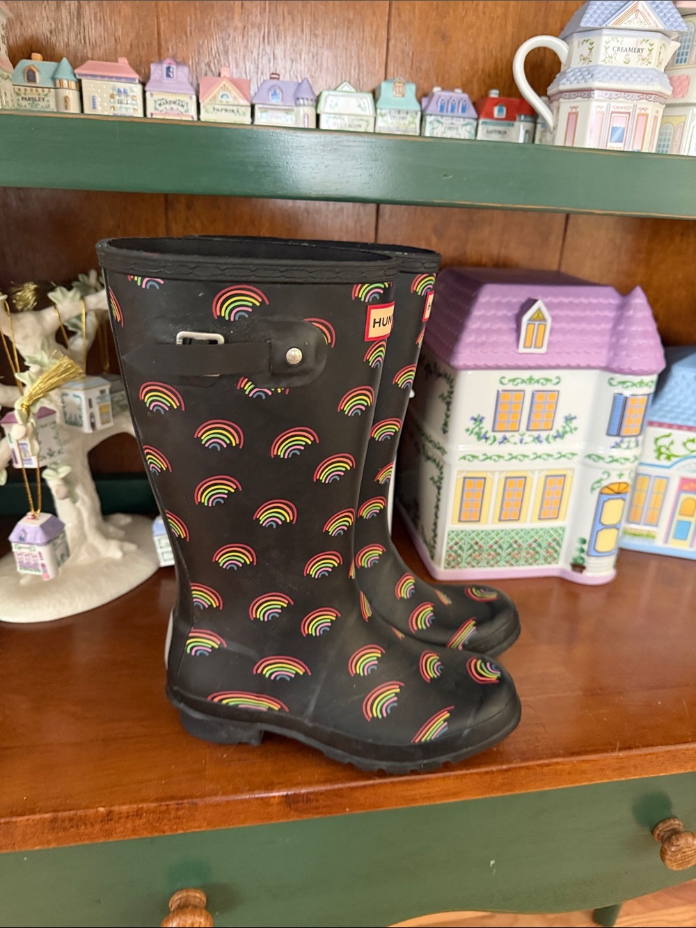 Hunter Black Rain Boots with Multicolored Rainbow Print
